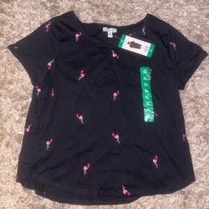 VINTAGE AMERICA - Round Neck Black Tee with Pink Embroidered Flamingos